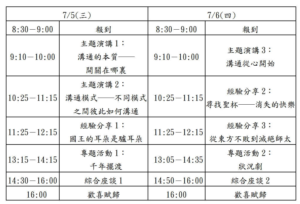 「生命的圓滿4-教師情緒管理」研習營課程表